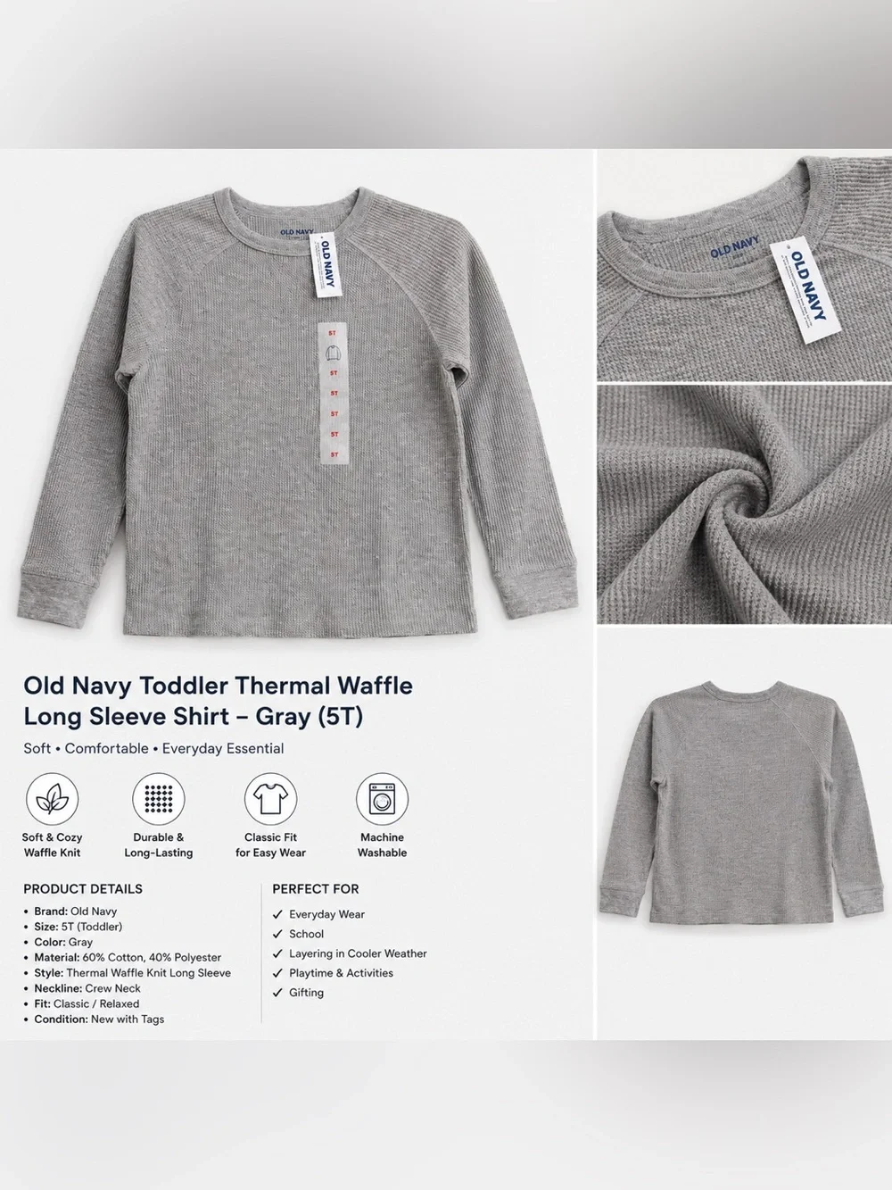Old Navy Gray Toddler Thermal‎ Waffle Long Sleeve Shirt size 5T